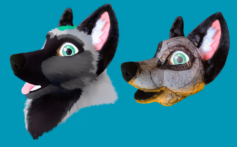 Photo of the production of the fursuit's head and its parts.