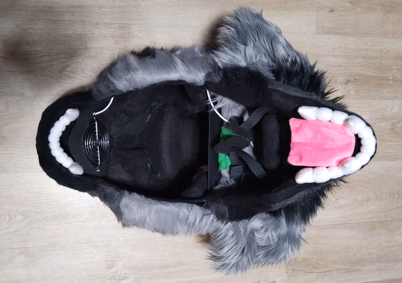 Photo of the production of the fursuit's head and its parts.