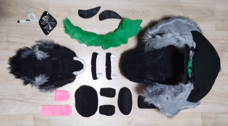 Photo of the production of the fursuit's head and its parts.