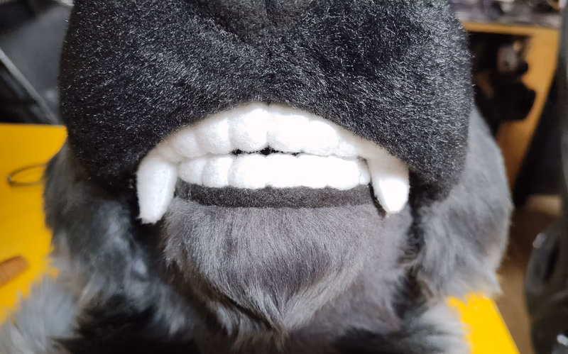 Photo of the production of the fursuit's head and its parts.